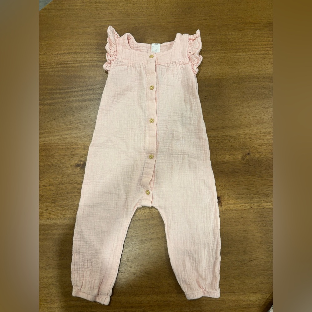 H&M Baby Toddler Ruffle Trimmed Button Down Muslin Romper 12M - 18M